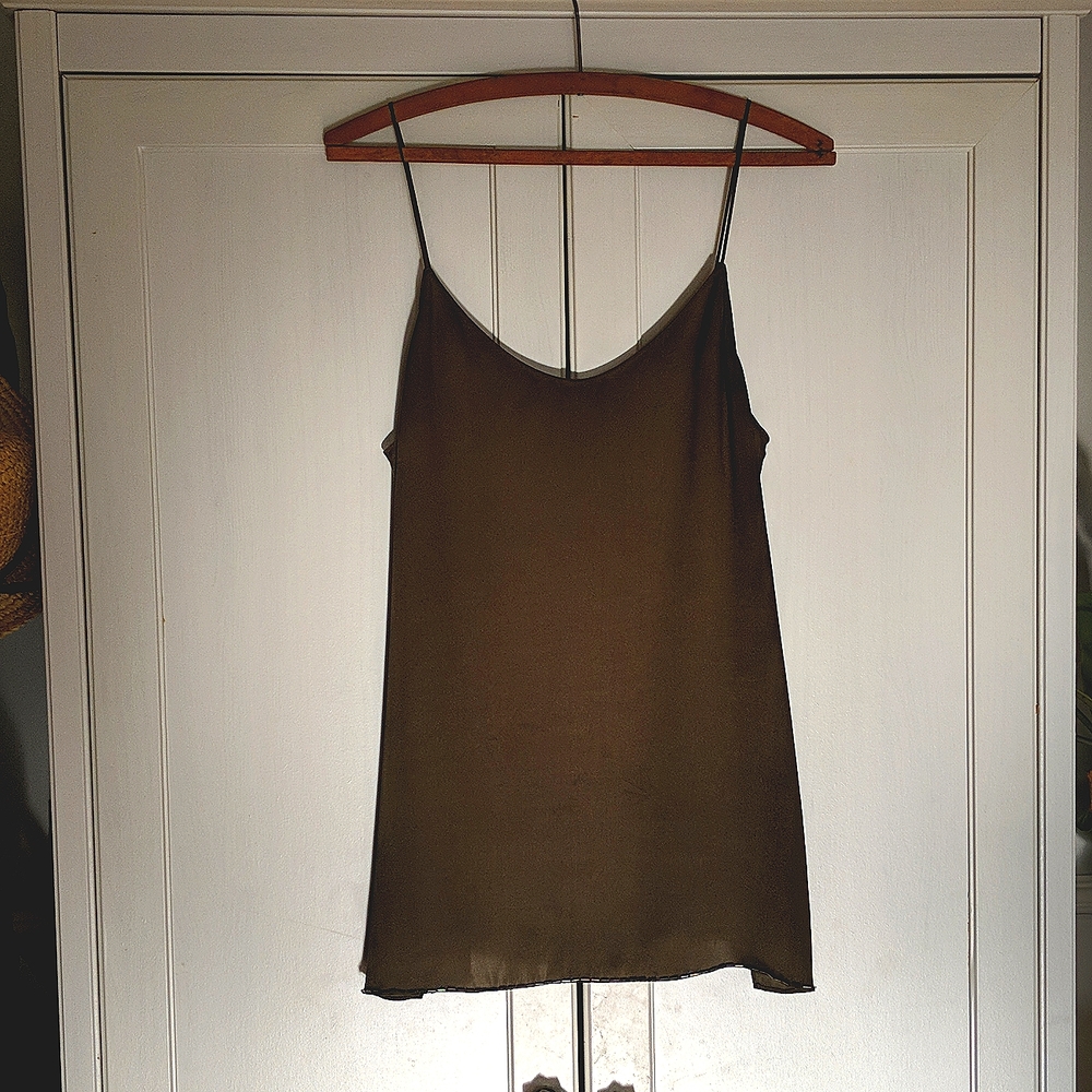 Burberry 100% Silk, Olive spaghetti strap cocktail top
